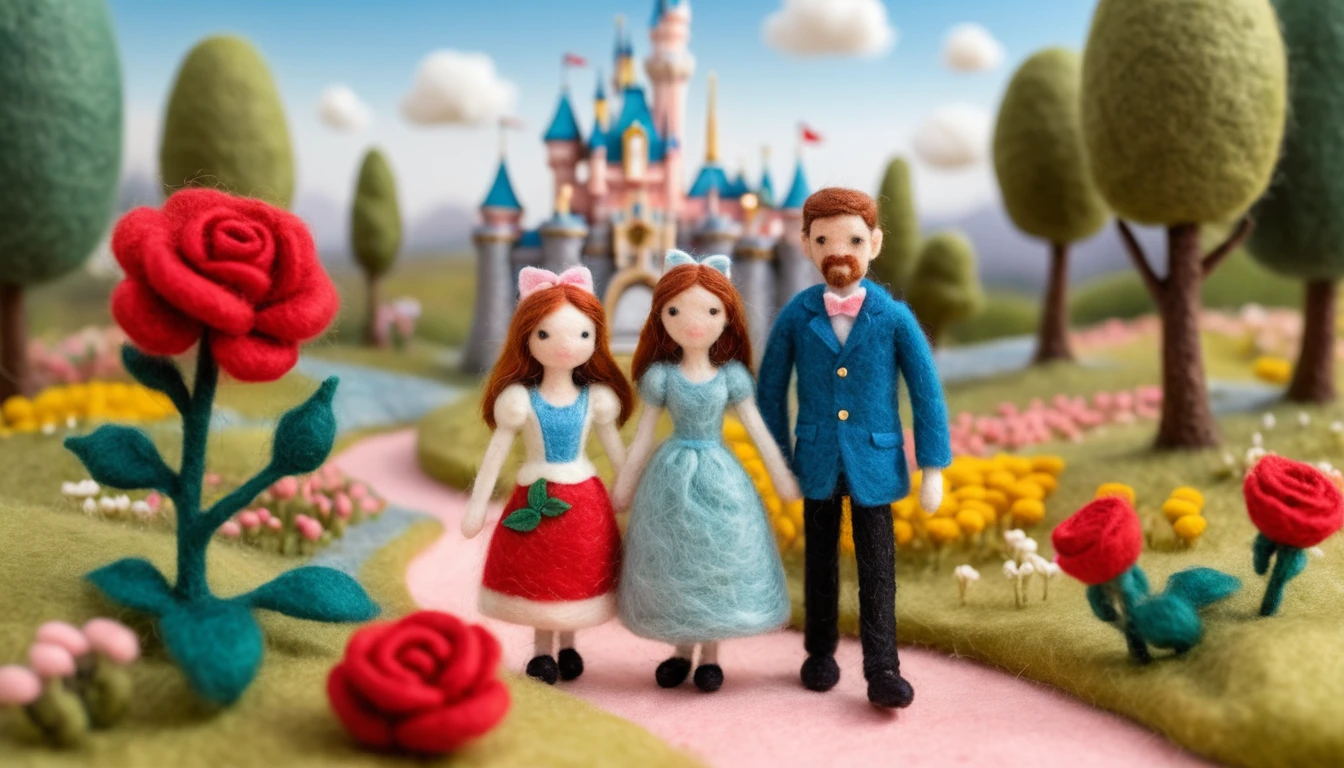 Família de lã feltrada aproveitando uma cena lúdica no parque da Disneyland