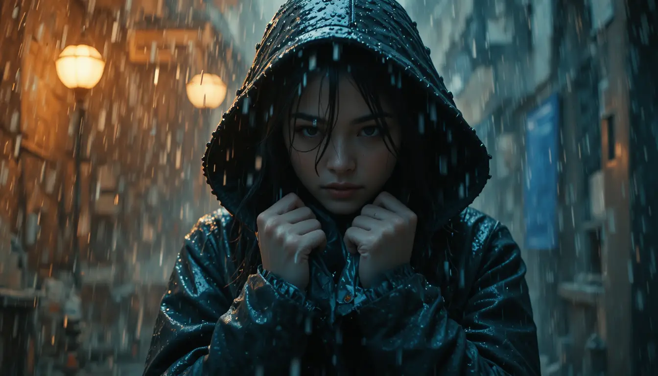劇的なシネマティックな雨の中に立つ重いコートの女性