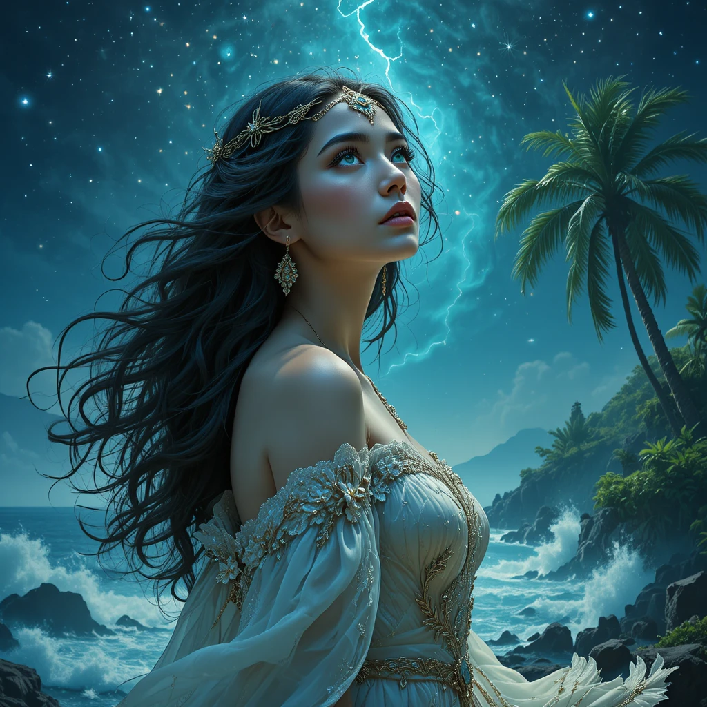Femme moyen-orientale contemplant l’horizon d’une mer étoilée
