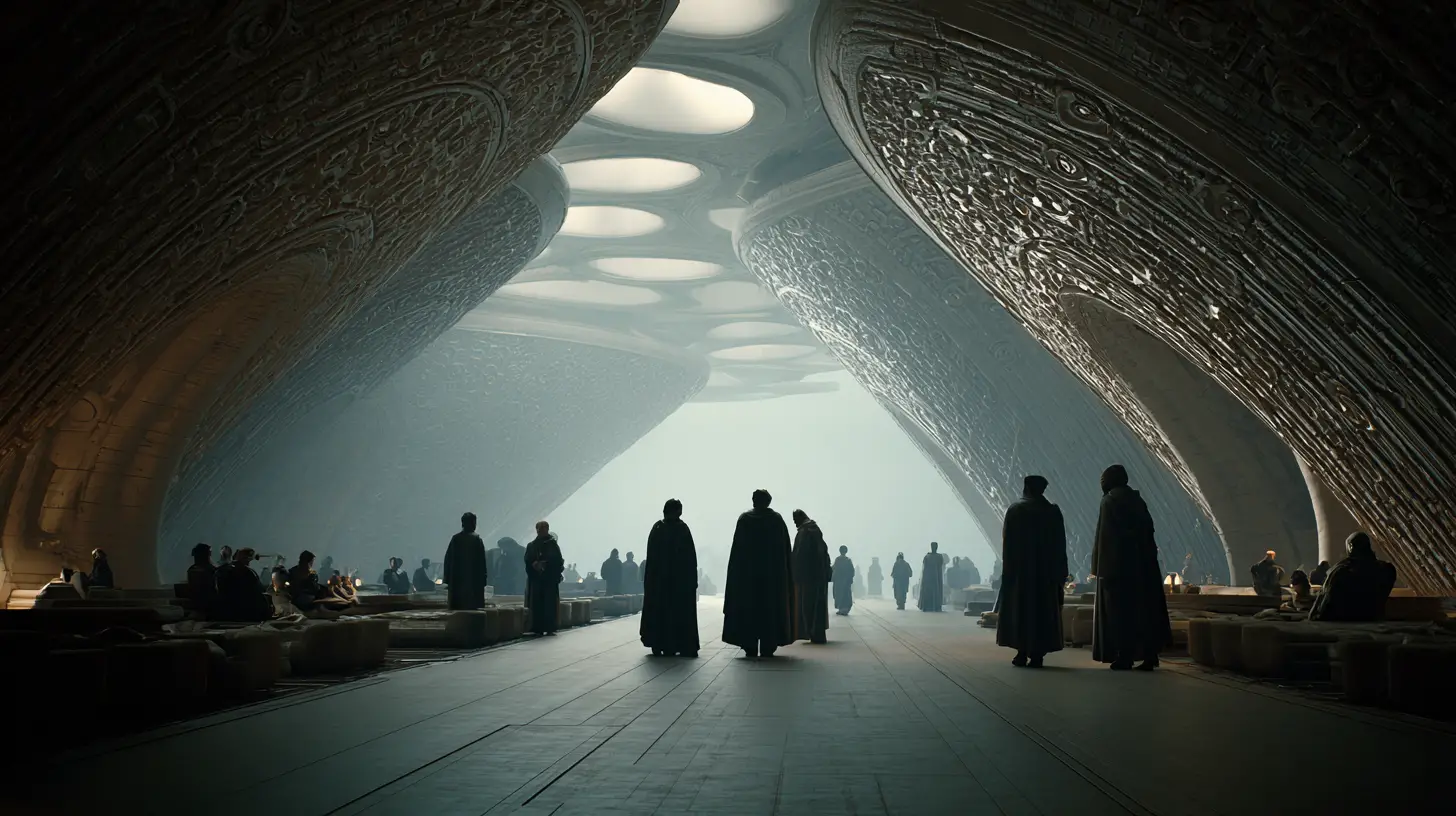 Cinematic stone hall of priests and devoted students