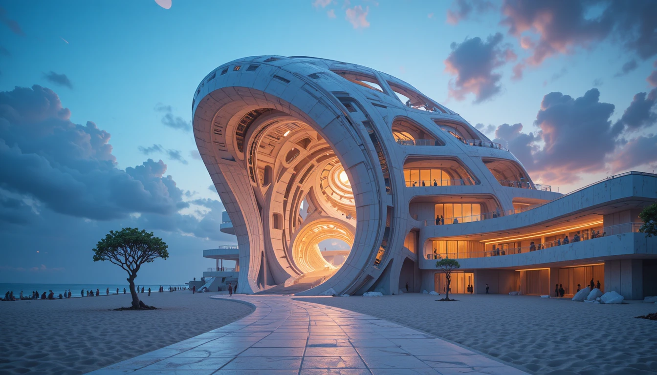 Surreales futuristisches Spiralgebäude unter einem Dämmerungshimmel