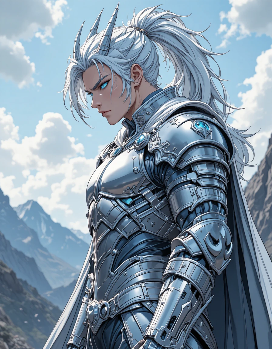 Guerrier dragon d’anime aux cheveux blancs en armure argentée