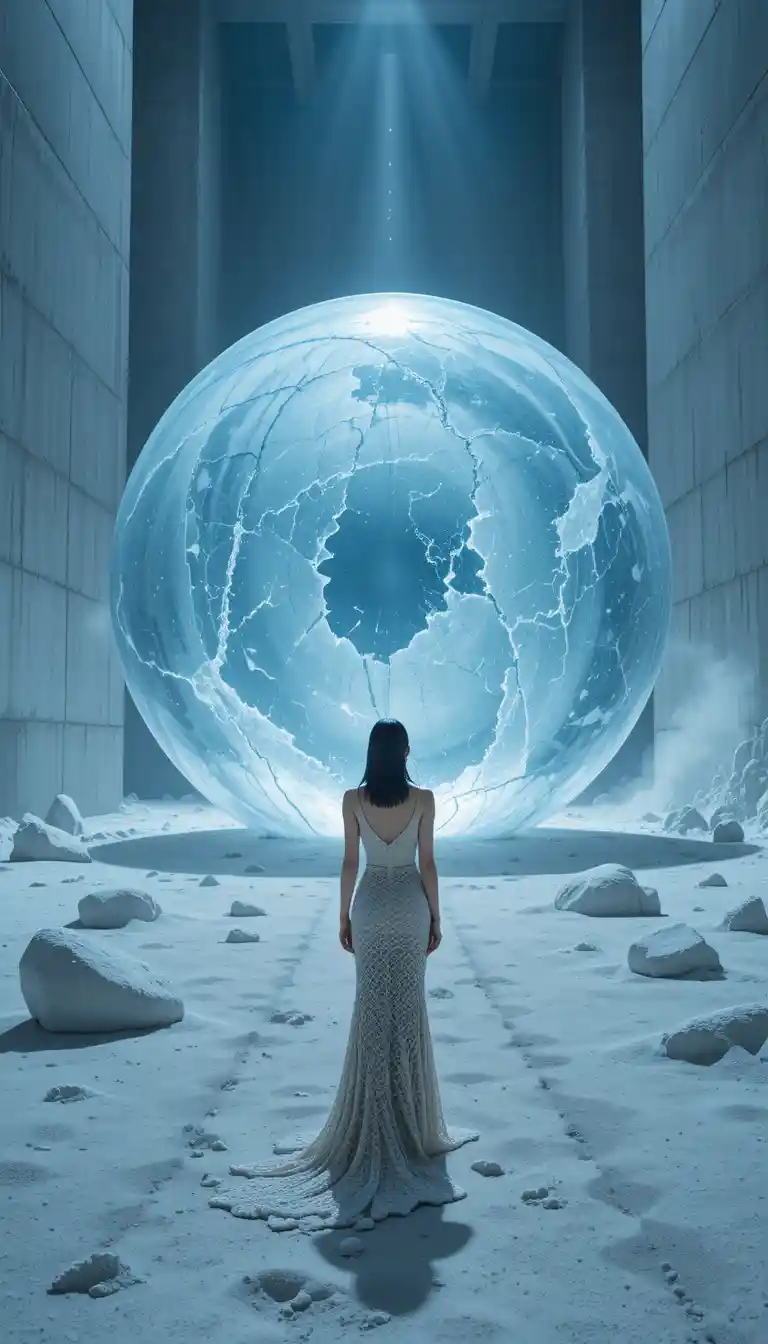 Fashion model beside colossal ice sphere in industrial hall