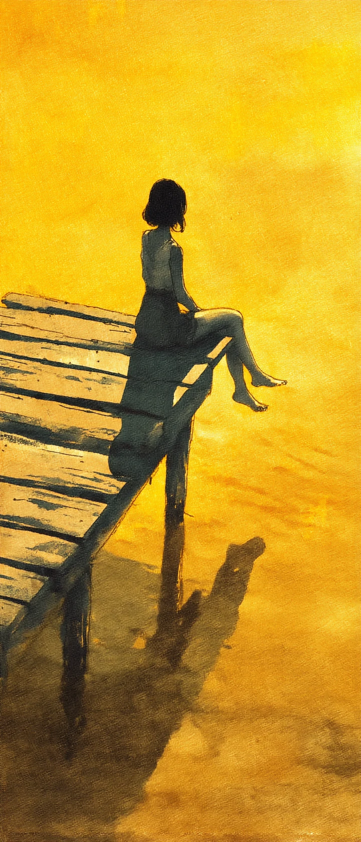 Anime girl resting on a quiet wooden pier at sunset