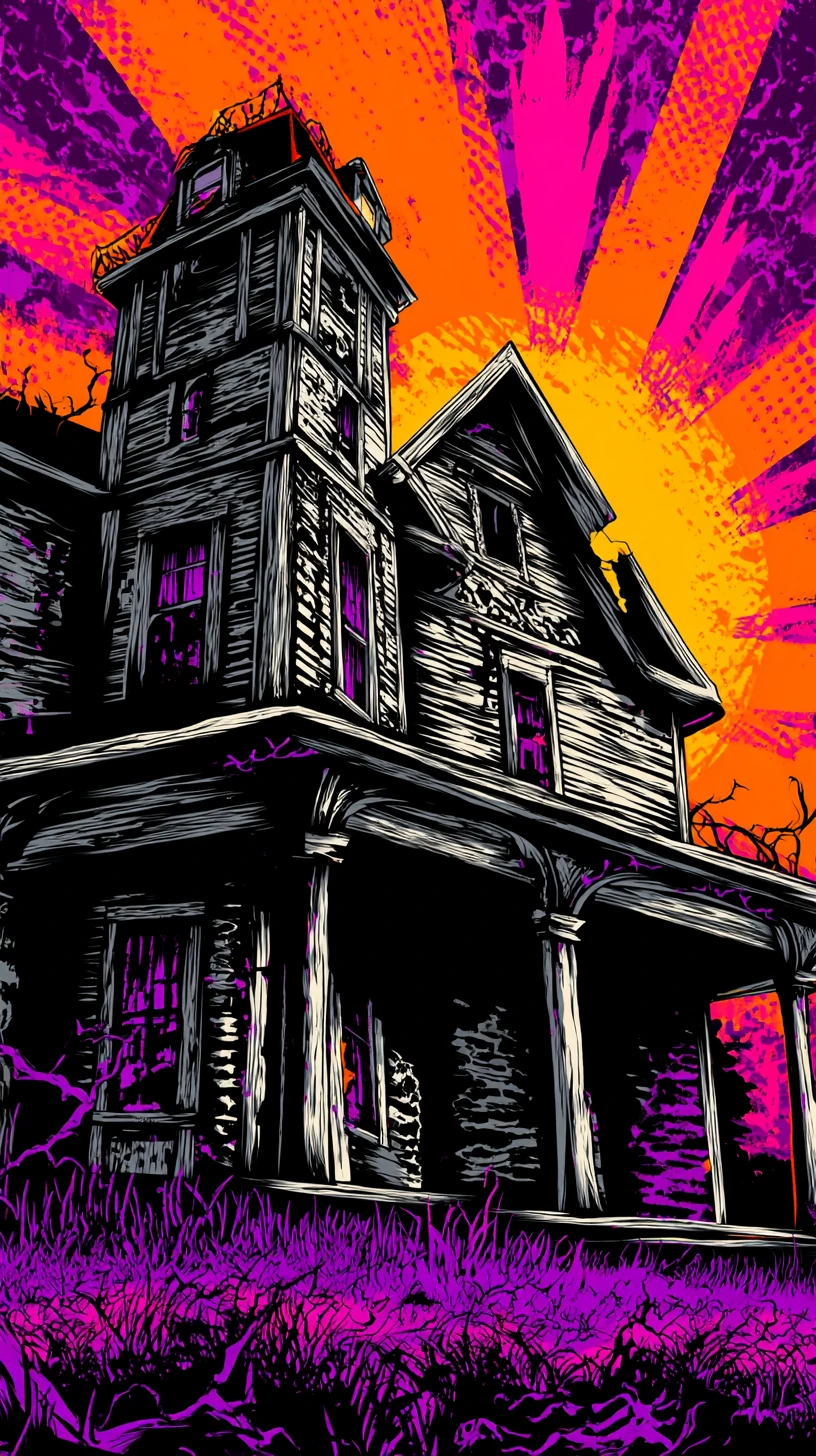 Affiche BD Maison Hantée Stylisée au Coucher de Soleil Dramatique