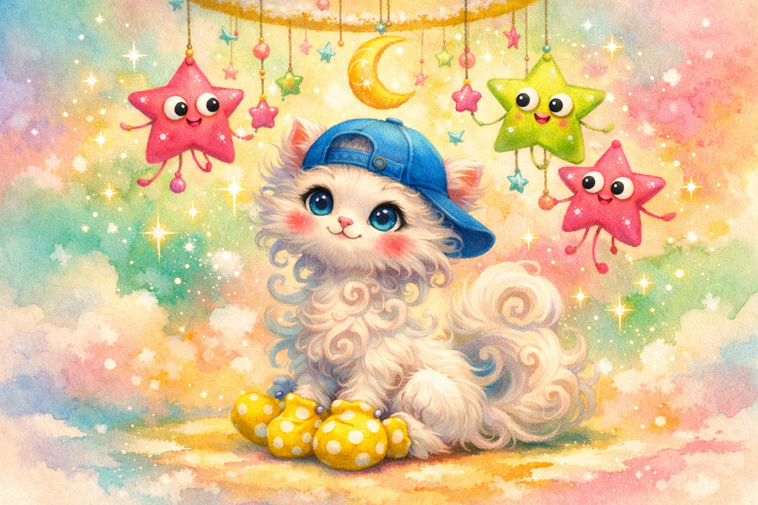 Gatinho bebê encantado sob um móbile dançante de estrelas no berçário
