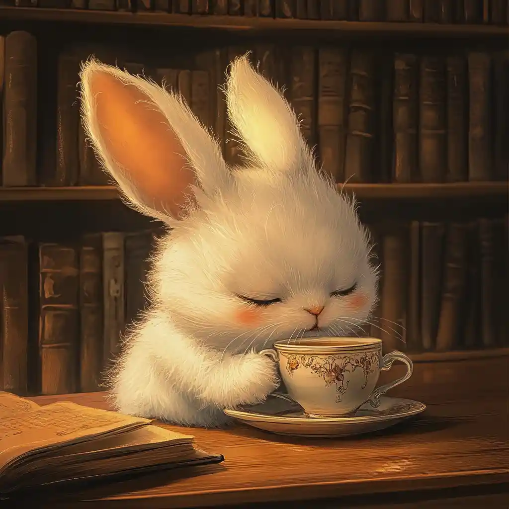 Cute fluffy rabbit drinking tea in a cozy library