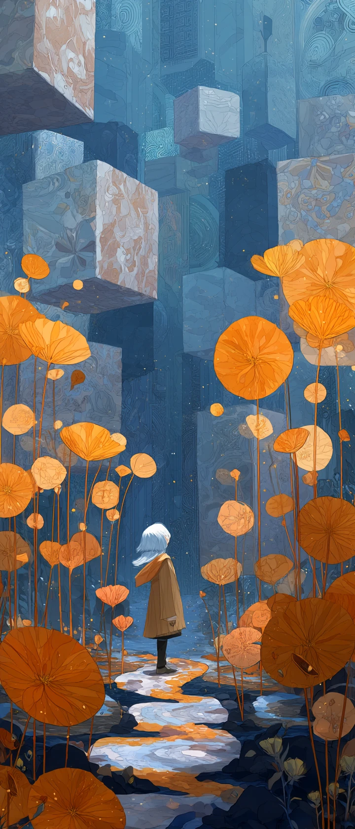 Anime wanderer walking along glowing arrows in abstract garden