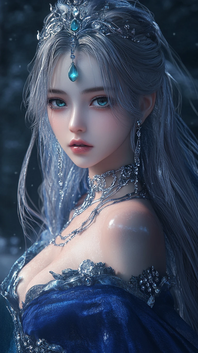 Mujer de anime de fantasía con tiara de joyas y capa azul