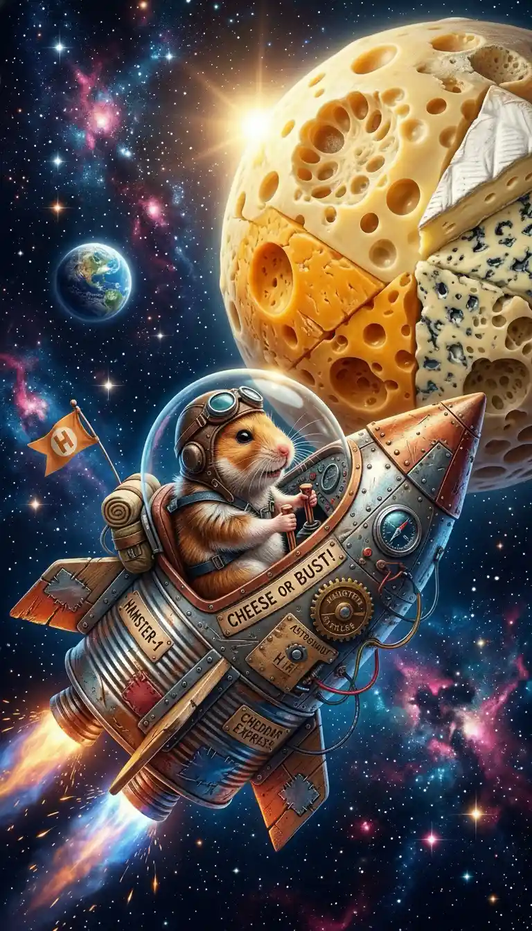Criceto stravagante che pilota un razzo di luna di formaggio nello spazio