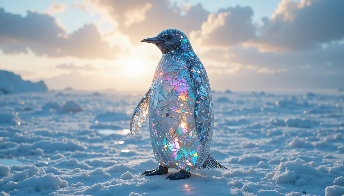 黄金色の時間の北極の雪に立つクリスタルペンギン