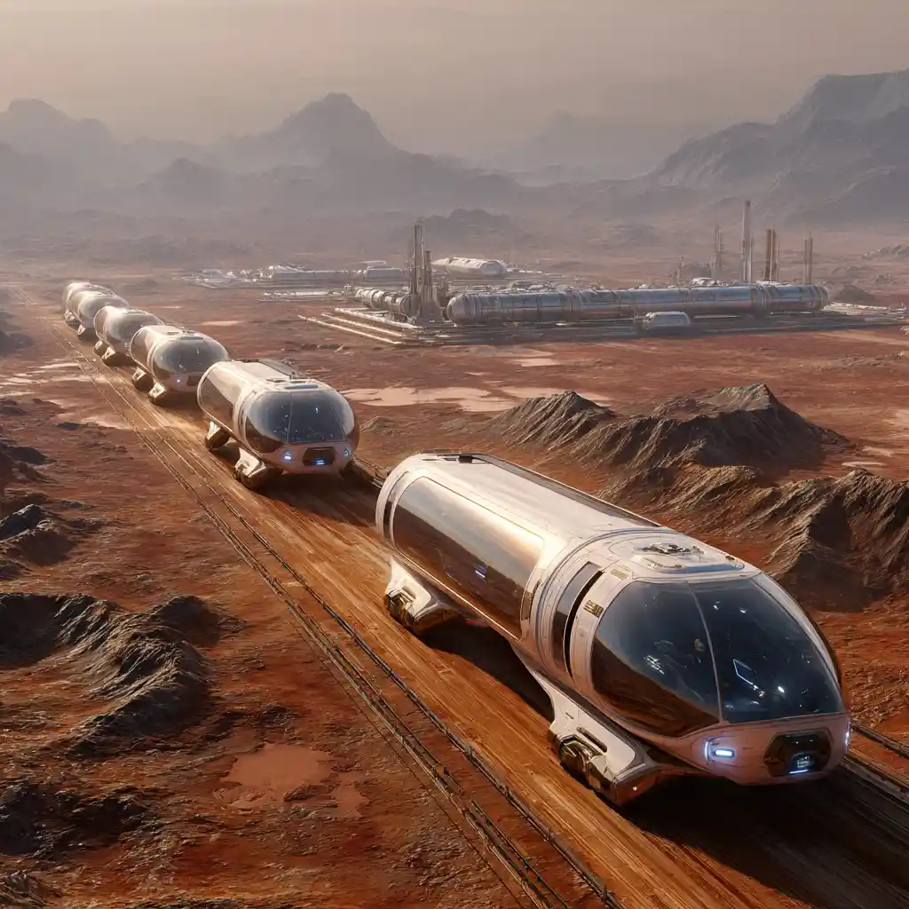 Futuristic transport vehicles crossing vast industrial mars zones