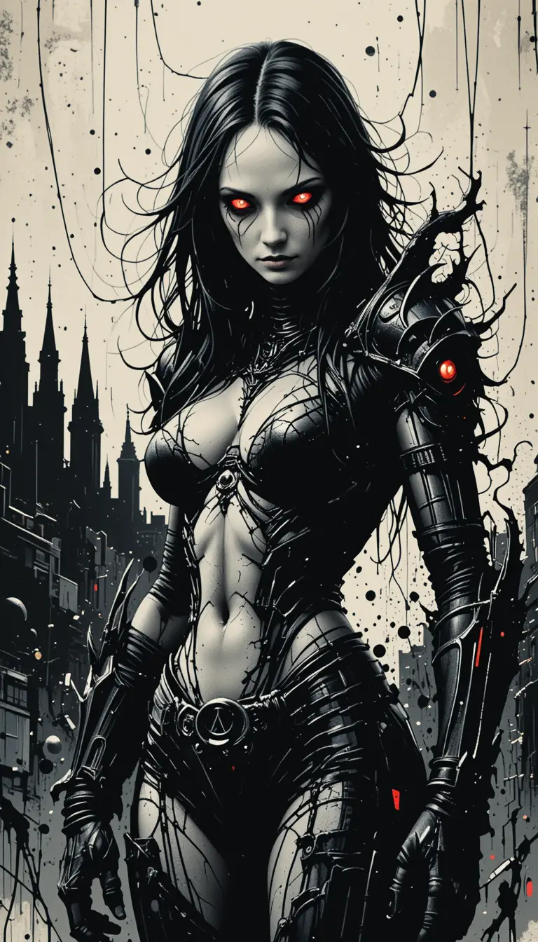 Alien warrior woman in armored gear with fierce red eyes