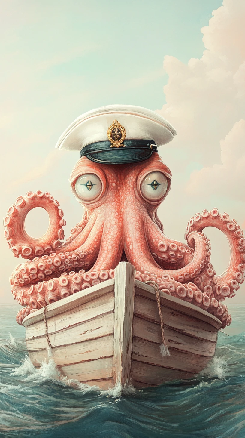Octopus ship captain in a dreamy ocean illustration