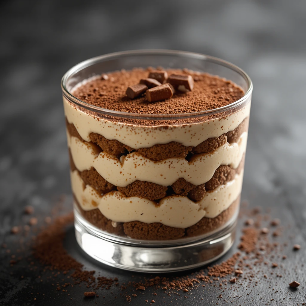 Elegante tiramisu italiano em taça de vidro transparente