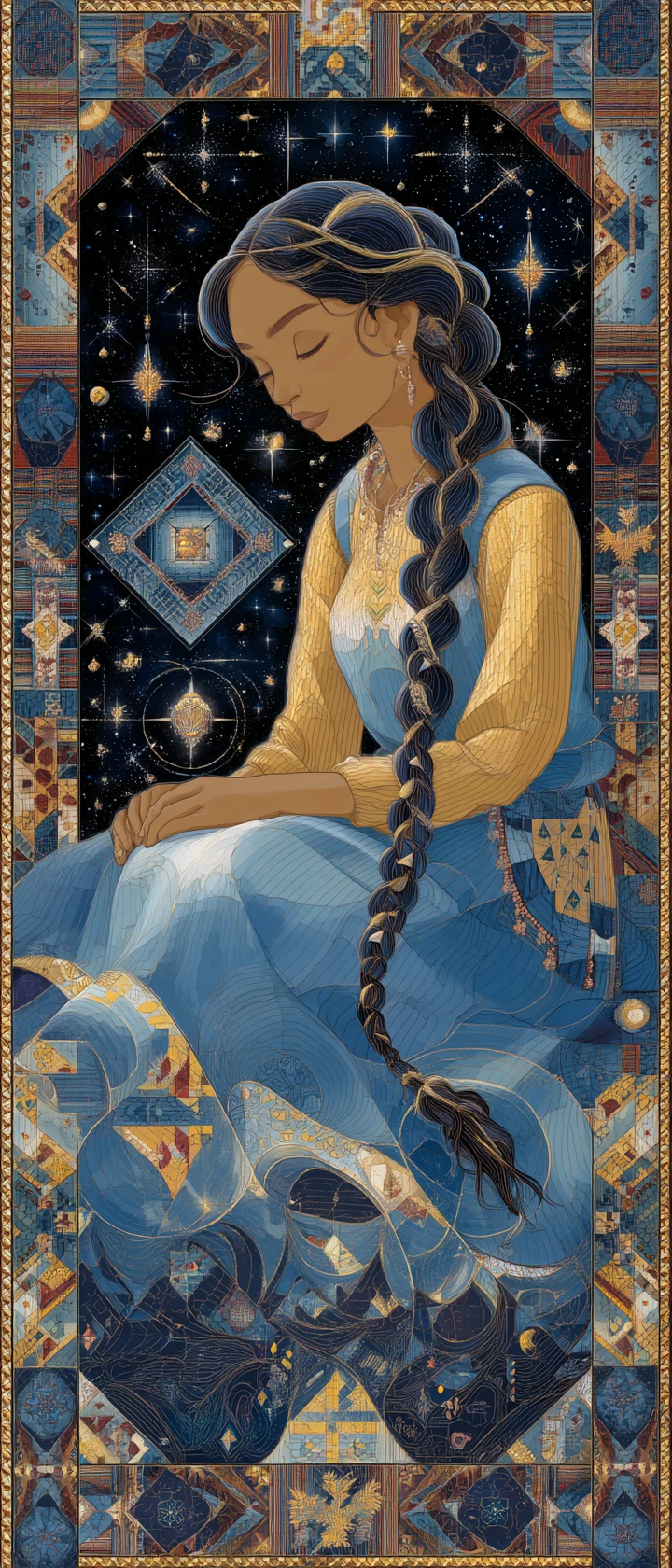 Donna anime che intreccia fili di storie luminosi in una trapunta cosmica