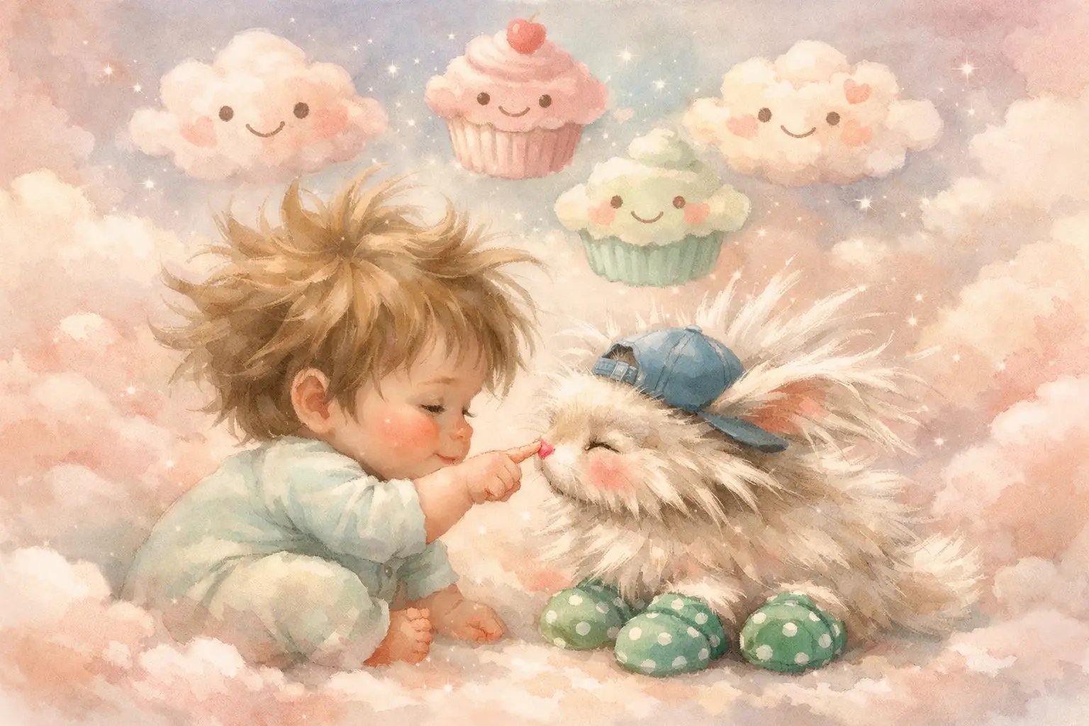 Dolce bebè e coniglietto nella cameretta – illustrazione ad acquerello