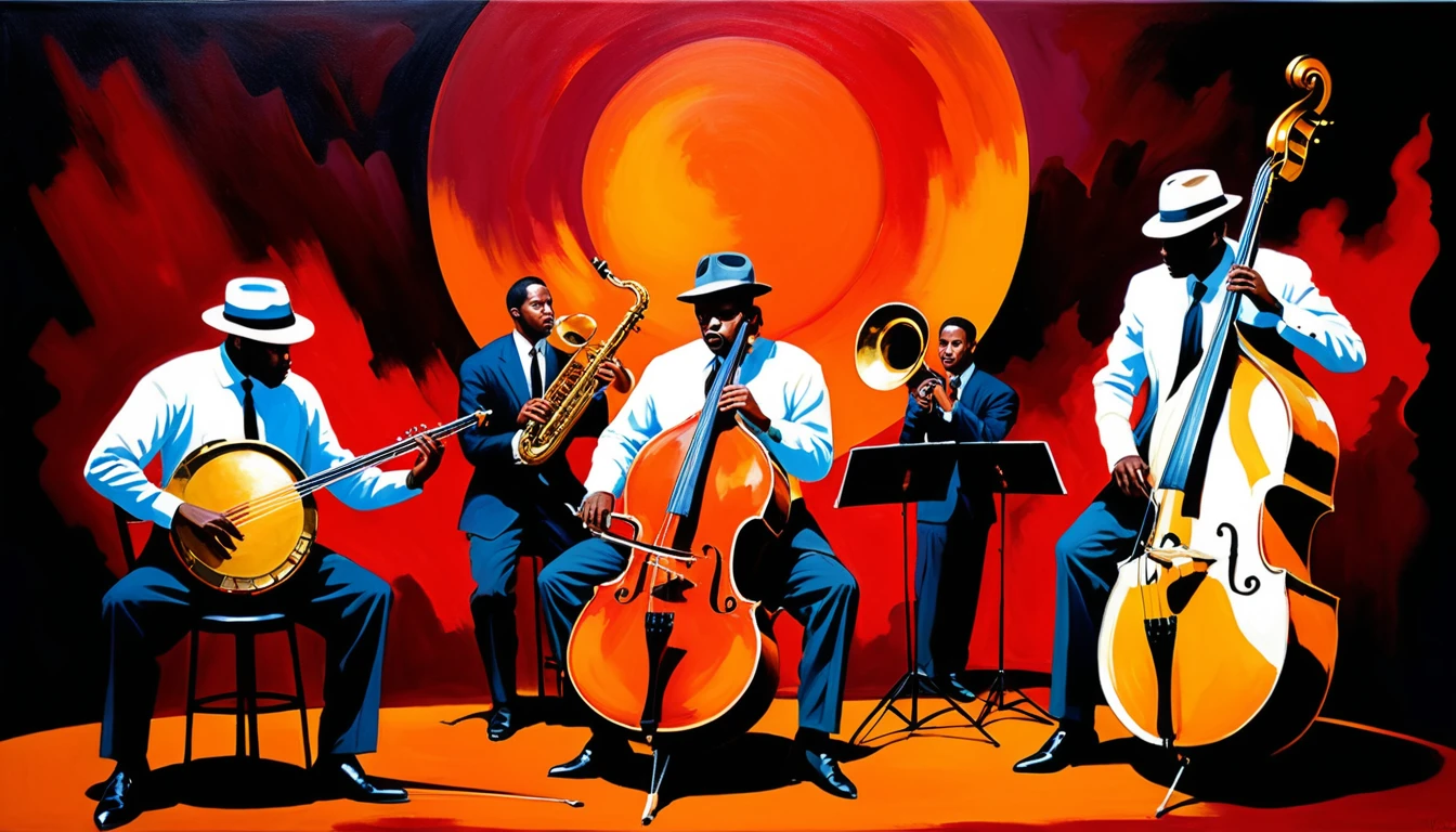 Músicos de jazz tocando contrabaixo e saxofone em pintura a óleo expressiva