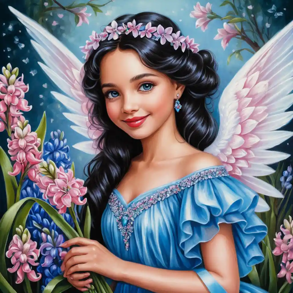 Ángel sonriente de primavera con ramo de jacintos rosas