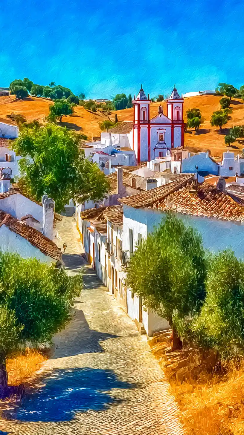 Sunlit Portuguese village street with church and hills