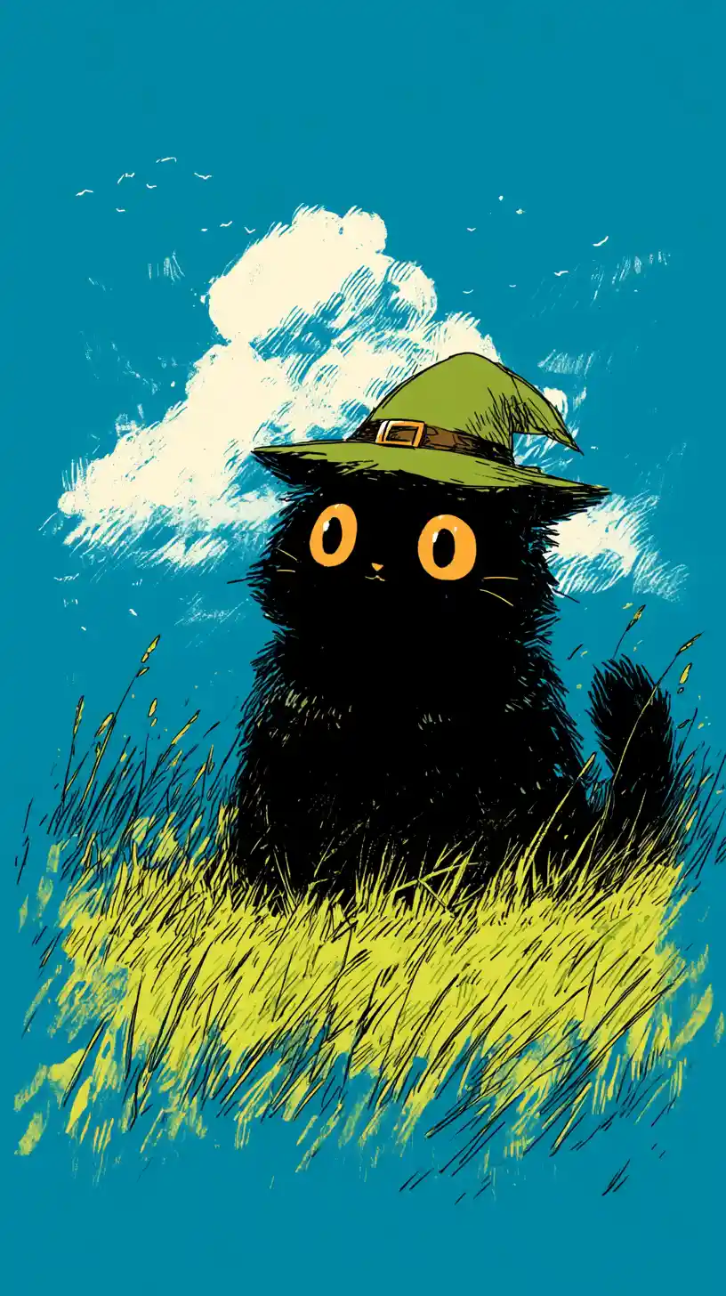 Cute black cat in grass with tiny witch hat