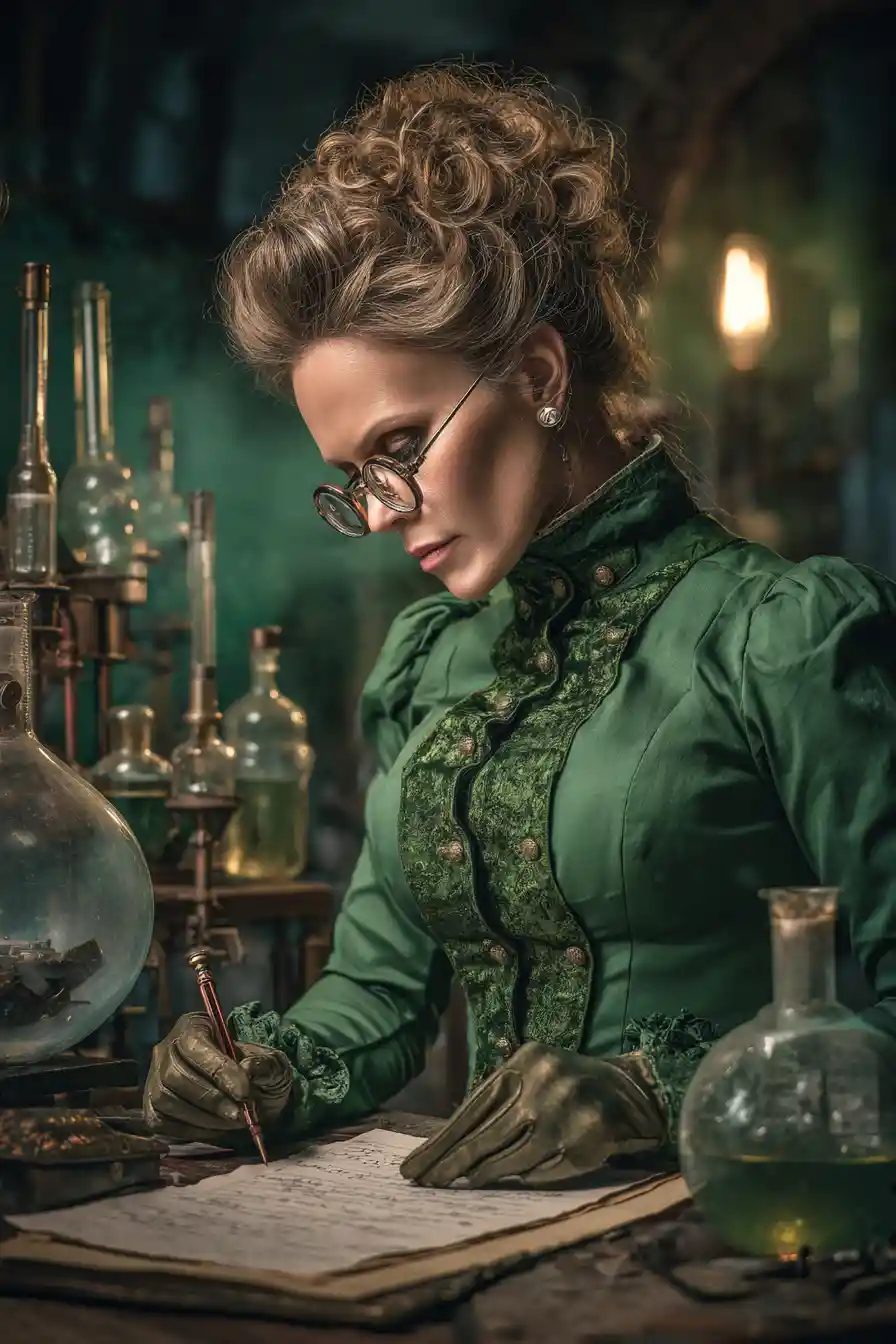 Inventrice steampunk che legge una polverosa planimetria