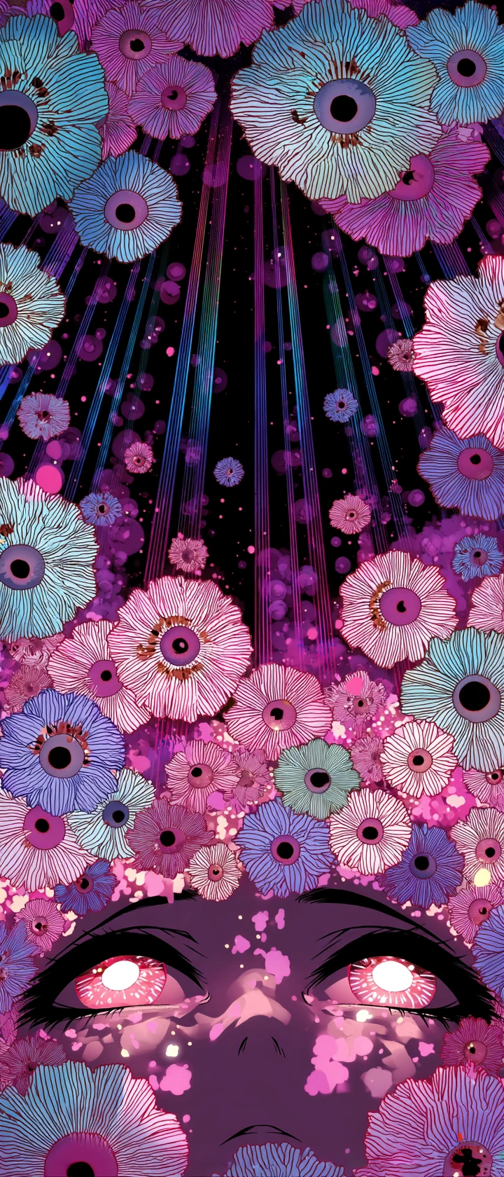 Kosmische Anime-Gottheit erwacht zwischen blühenden Augenblumen