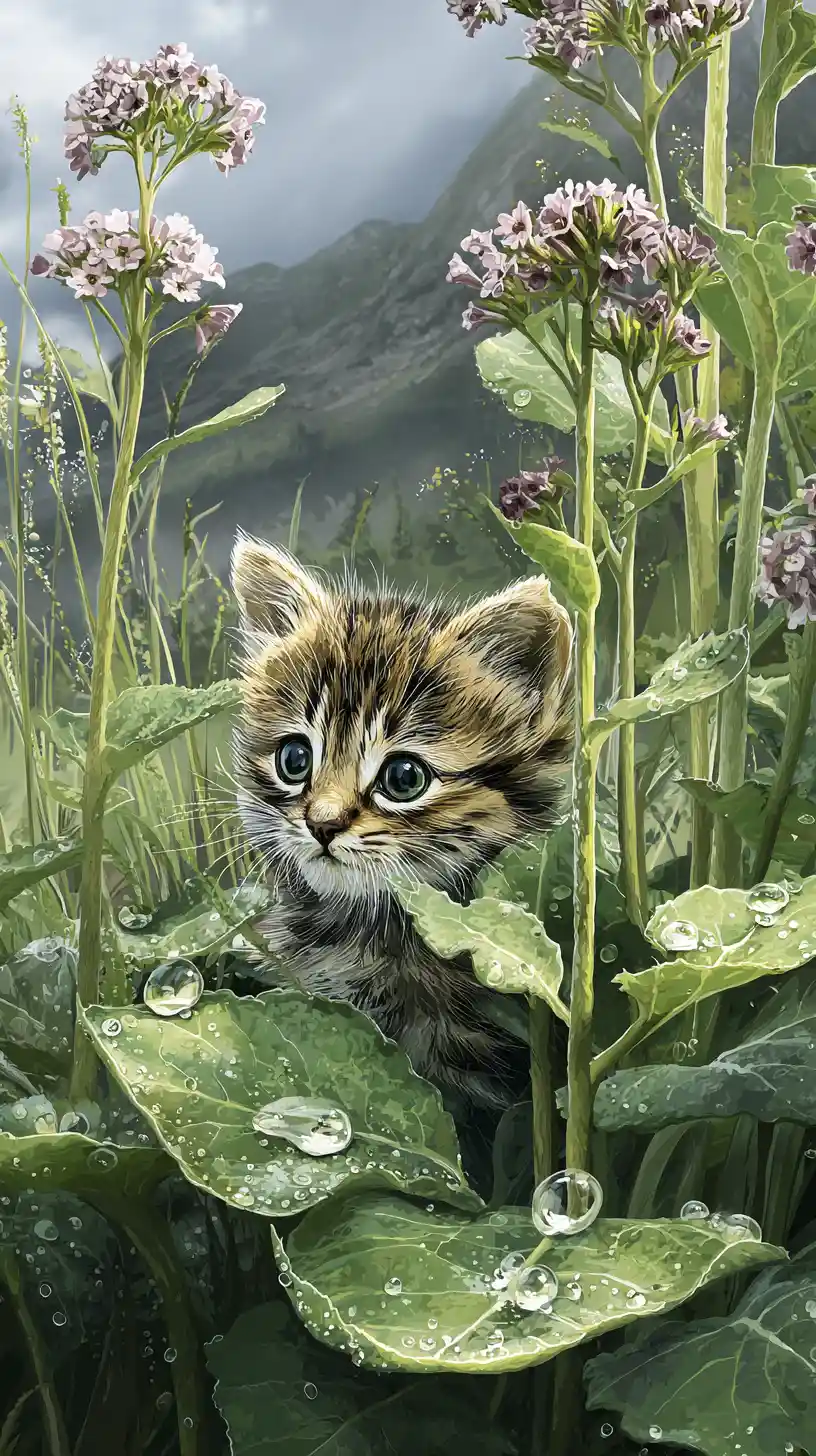 Dolce gattino tigrato tra i denti di leone in un paesaggio montano