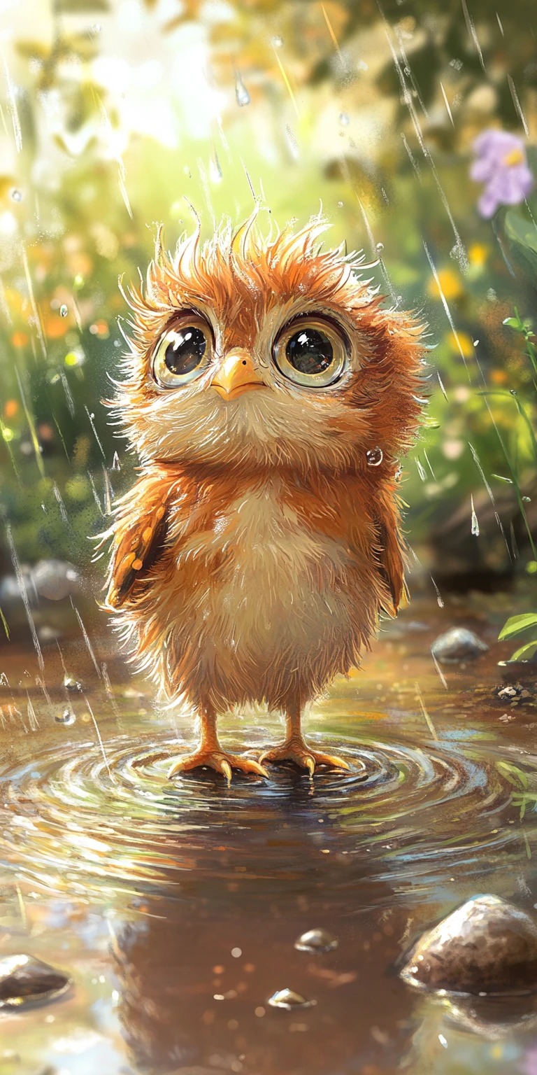 Coruja-bebê fofa em poça de chuva com fundo de floresta suave