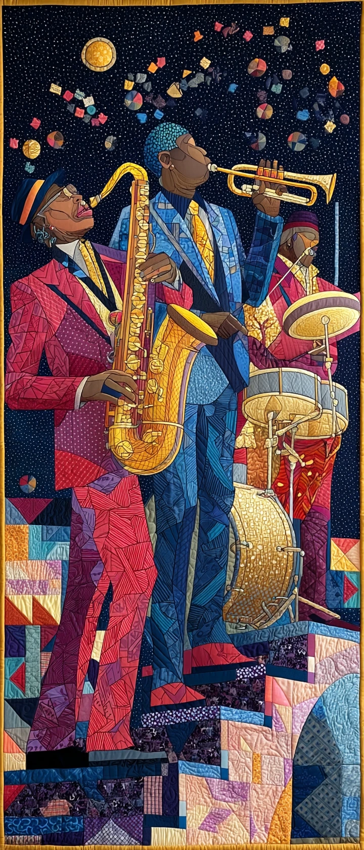 Band jazz in stile anime su un palco luminoso sul tetto di notte