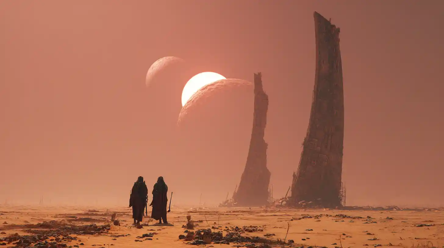Tall alien priestess and guards under twin suns