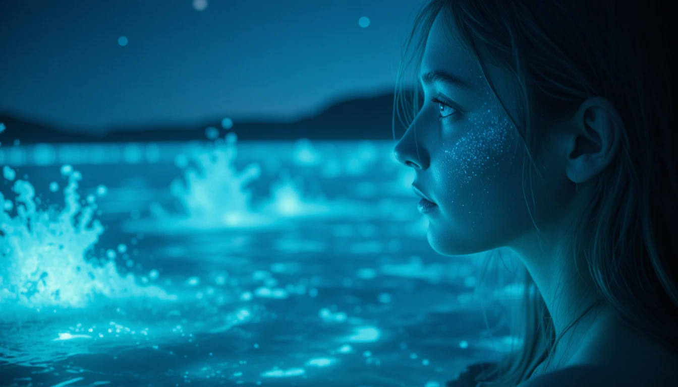 Jeune femme contemplant un lac bioluminescent lumineux