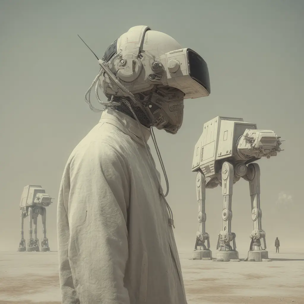 Homem de meia-idade em armadura sci-fi atravessando dunas áridas