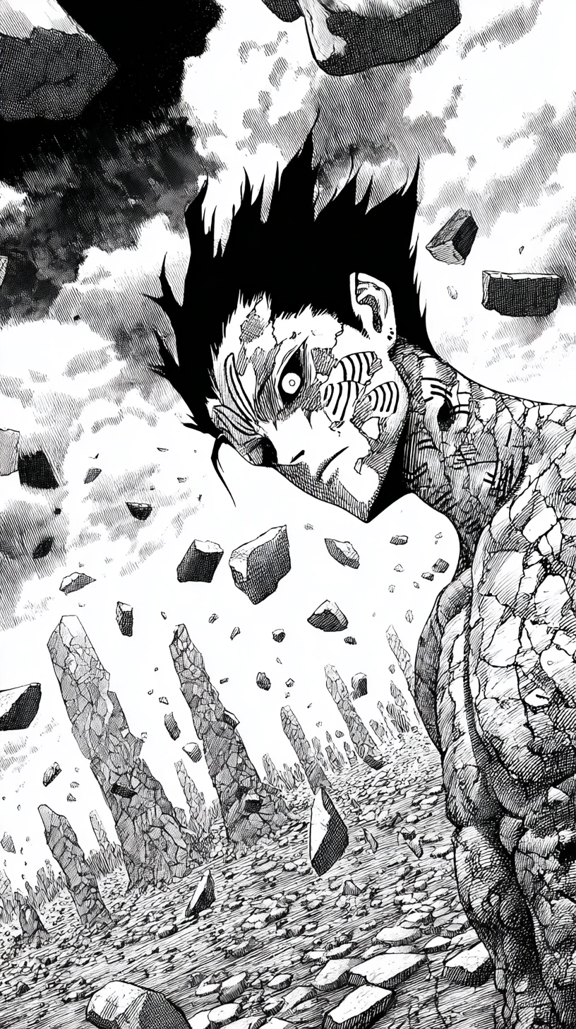 Guerreiro de anime com pele rachada em uma paisagem arruinada