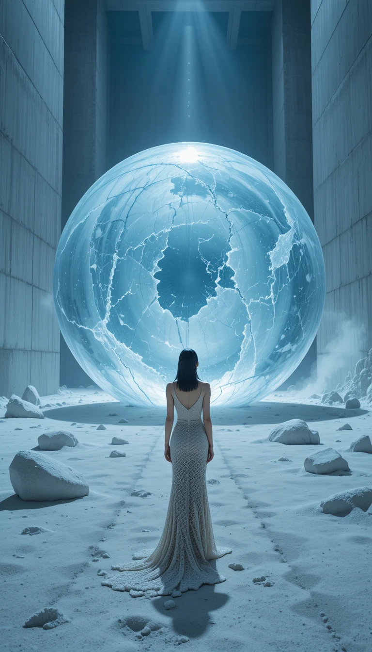Fashion model beside colossal ice sphere in industrial hall
