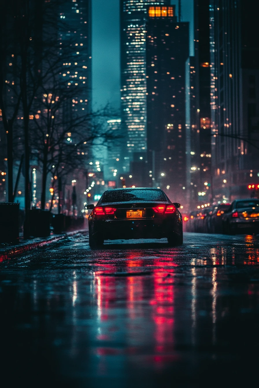 Carro deslizando pela cidade de vidro à meia-noite em visão cinematográfica