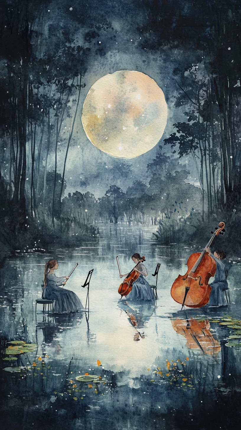 Camundongos em aquarela tocando música em vitórias-régias sob a lua cheia