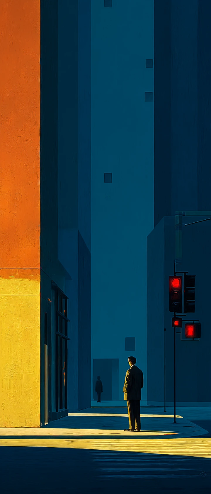 Assalariado solitário em estilo anime em cruzamento vazio da cidade