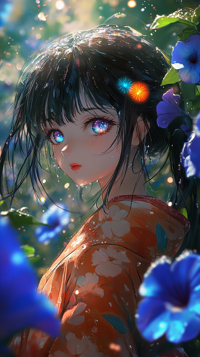 銀河のように光る瞳を持つ着物姿のアニメ少女