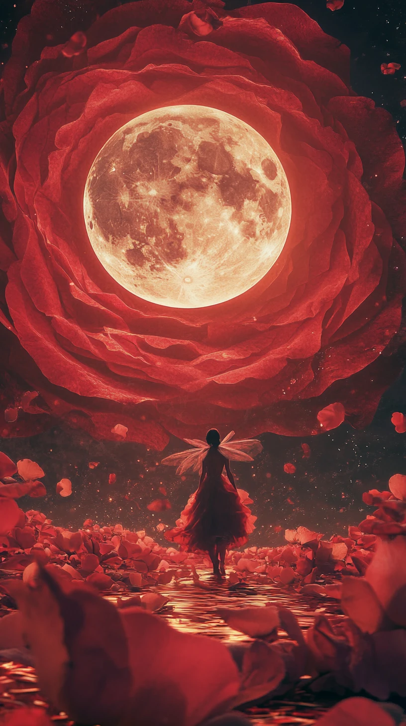 Fata che attraversa i petali di una rosa cremisi illuminata dalla luna