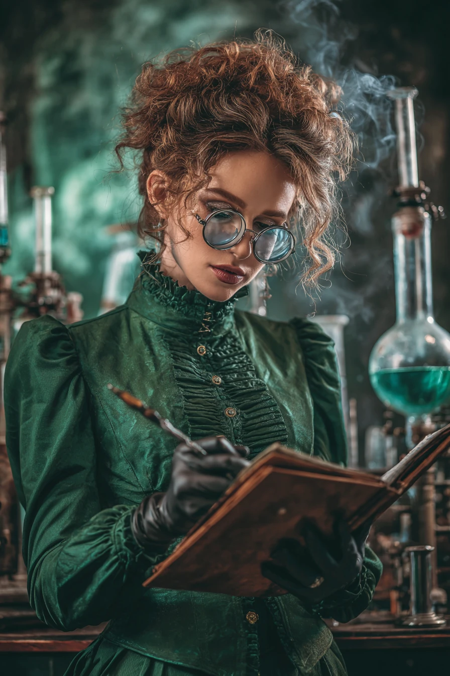 Steampunk-Erfinderin liest einen staubigen Bauplan