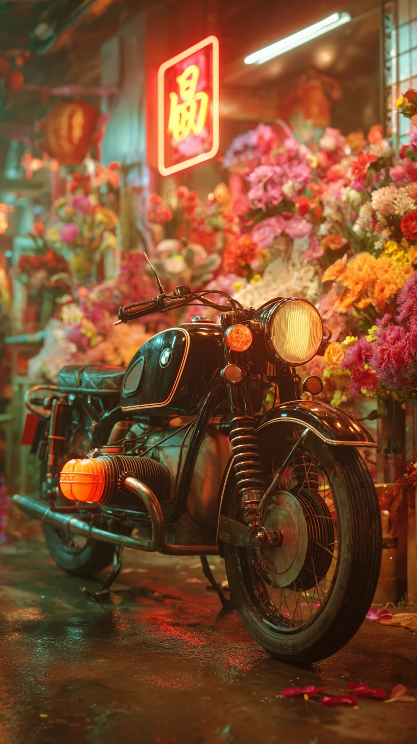 Motocicleta vintage com luzes de néon em festa de Ano Novo Chinês