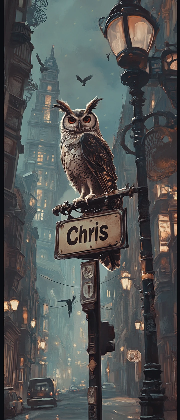 Coruja steampunk mecânica pousada em placa de rua na cidade