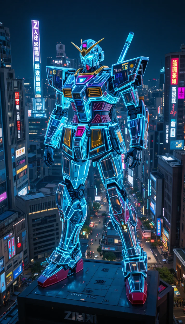 Neon-holographische riesige Roboterstatue über der Stadt Tokio