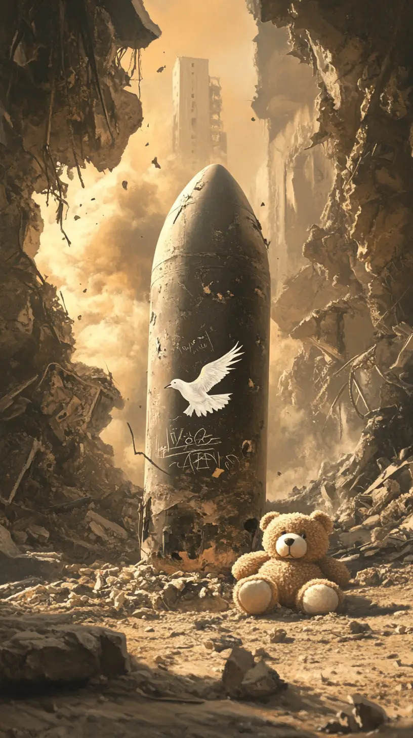 Unexploded bomb with child dove drawing in war ruins
