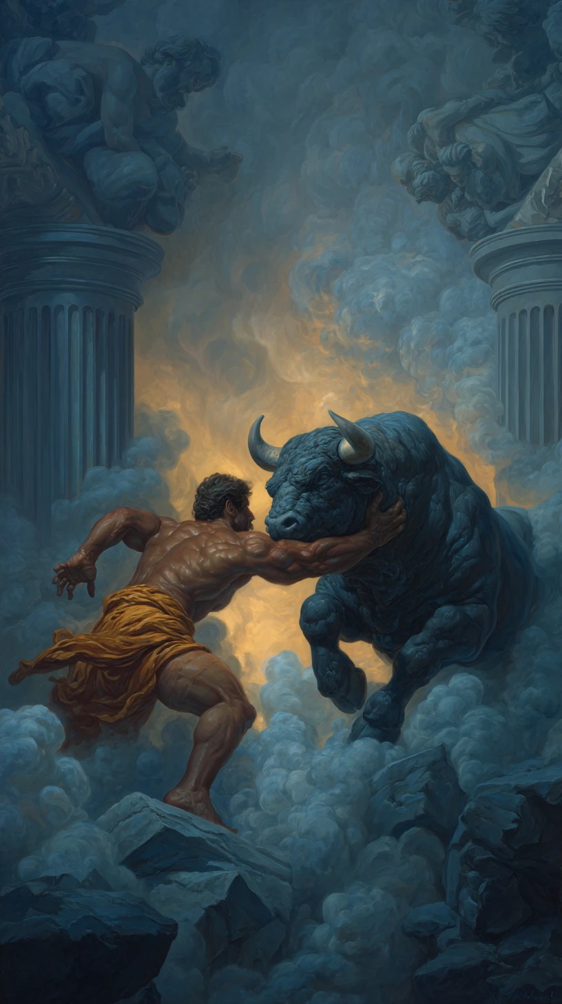 Herói lutando contra minotauro em labirinto esfumaçado – pintura a óleo
