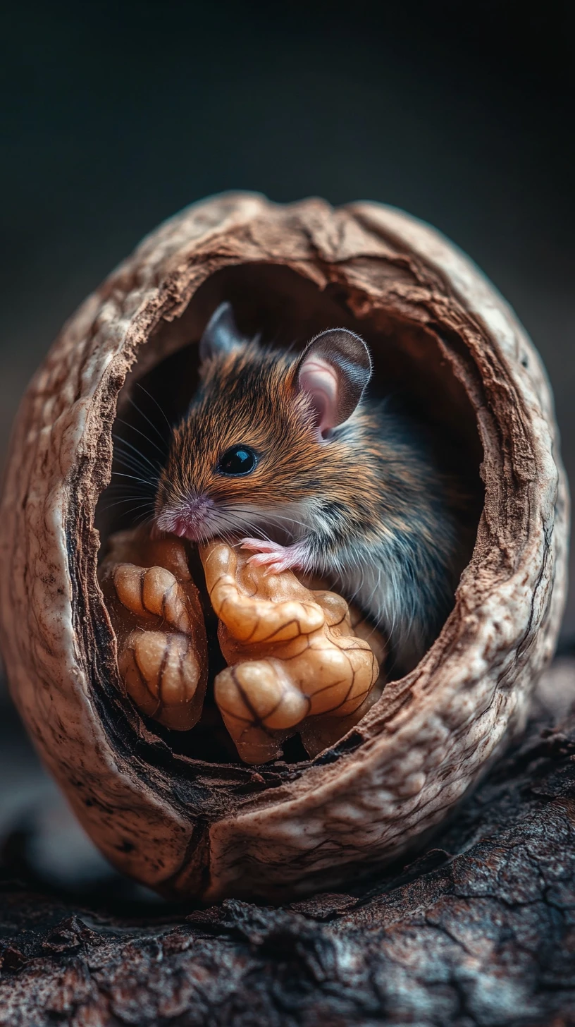 Pequeno rato enroscado dentro de uma casca de noz rachada