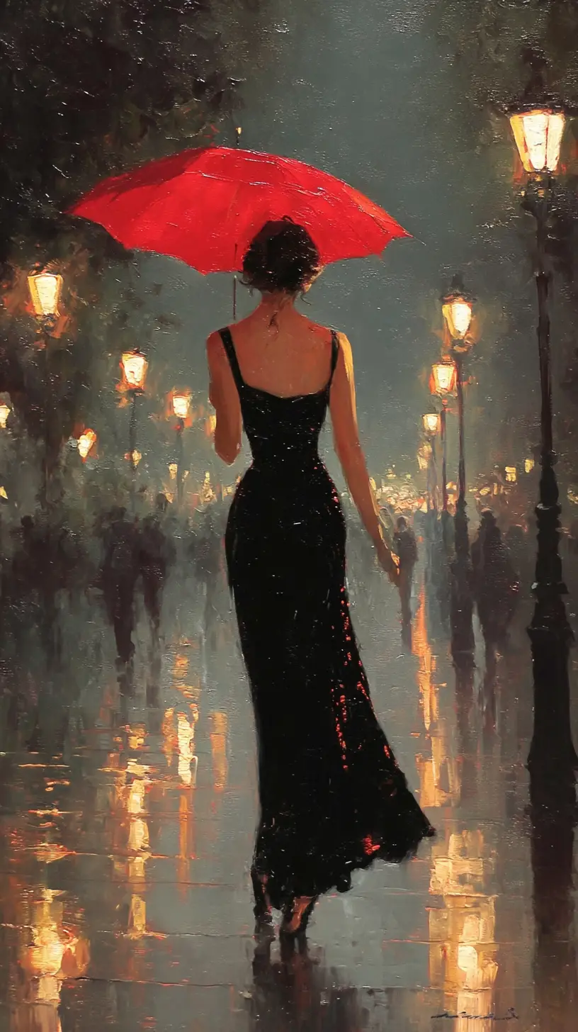 雨夜街燈下獨自行走的女子