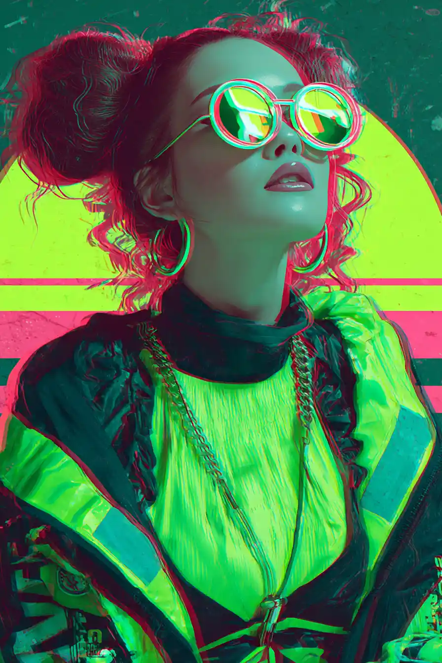 Mulher futurista em neon em atmosfera surreal rosa e verde