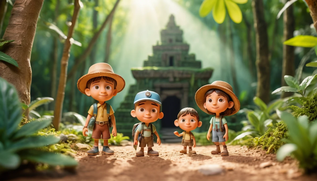 Enfants en pâte à modeler style Pixar en vacances d’été ludiques en forêt